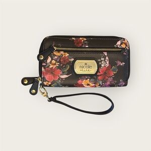 Nicole Miller Black Floral Wristlet Checkbook Wallet